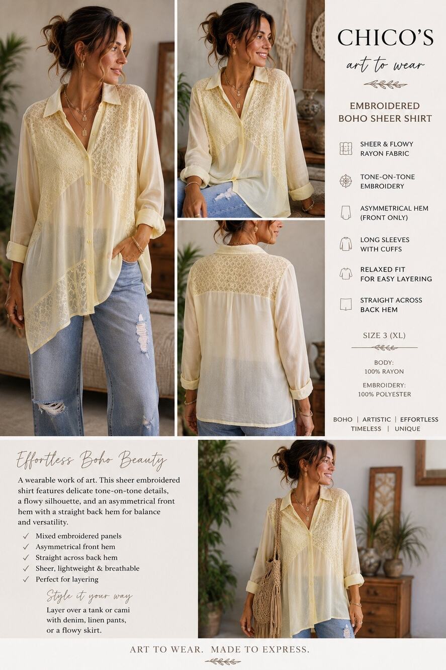 CHICO'S Sheer Boho Art To Wear Shirt Top Asymmetrical Hem Embroidery Size XL 3